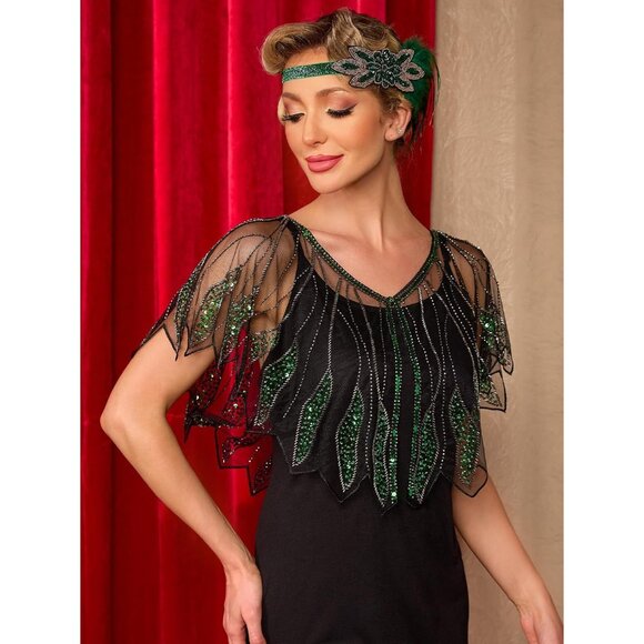 Women's Sequin Beaded 1920s Shawl Wrap Flapper Evening Party Dress Accent - Picture 5 of 6